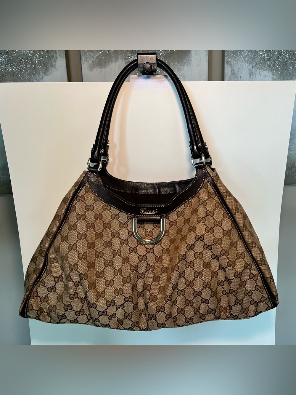 Gucci GG Canvas D-Ring Large Hobo Bag Brown Monogram Leather Trim AUTHENTIC
